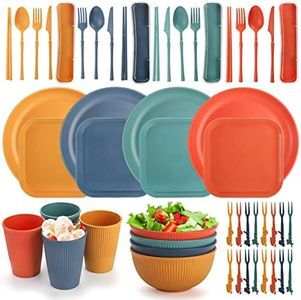 Lyellfe 44 Pieces Wheat Straw Dinnerware Sets, Unbreakable Camping Plates Cups and Bowls Set, Lightweight Kitchen Dish with Knives, Forks, Spoons, Dishwasher Microwave Safe