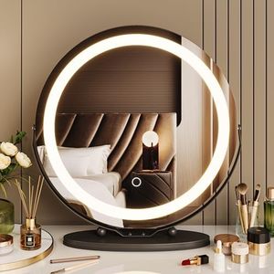 GarveeHome 19 Inch Vanity Mirror, Round LED Vanity Mirror with Dimmable 3-Color Touch Lighting, Adjustable Brightness, 360° Swivel Feature, Simple Quick Installation(Black)