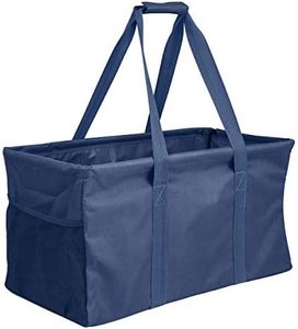 Lucazzi Extra Large Utility Tote Bag - Oversized Collapsible Reusable Wire Frame Rectangular Canvas Basket With Two Exterior Pockets For Beach, Pool, Laundry, Car Trunk, Storage - Navy Blue