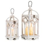 Romadedi Farmhouse Candle Lantern Wooden - 12" / 16" Set of 2 Decorative Rustic Wood Candle Holder Home Decor Decoration Wedding Table Centerpiece, Whitewashed