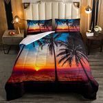 Feelyou Ocean Beach Themed Bedding Set King Size,Tropical Sunset Beach with Palm Trees Comforter Set,Peaceful Sea Marine Palm Tree Comforter Bright Hawaii Style Duvet Set 1 Comforter 2 Pillowcase