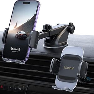 Lamicall Porta Cellulare Auto Ventosa, [ 3 in 1] Porta Cellulare Auto per Cruscotto/Parabrezza/Presa d'Aria, 360° Rotazione, Forte Ventosa, Supporto Cellulare con Gancio in Metallo per Smartphone 4-7"