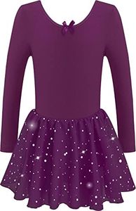 DANSHOW Girls Glitter Leotards for Ballet Dance Dress with Tutu Skirt Petal Sleeve, Skirted-long-dark-purple, 10-12 Years