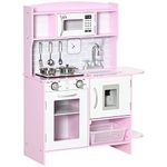 HOMCOM Children Wooden Play Kitchen w/Lights Sounds, Kids Kitchen Playset w/Water dispenser, Microwave, Utensils, Sink, Storage, for Ages 3-6 Years - Pink