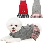 KUTKUT 2Pcs Plaid Sweater Dress with Bowtie for Small Dogs, Warm sweater dress for Maltese, Pekingese, Papillon Cats etc (SIZE: S, Adjustable Chest: 32cm - 40cm)