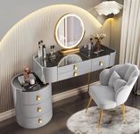 GOOCOO VV Dressing Tables with Mirror And Stool - Vanity Desk Set with 6 Drawers, Touch Screen Makeup Mirror with 3-Color Dimmable Lights, Bedroom Vanity for Girls And Women (Grey 80cm)