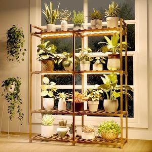 Bamworld Plant Stand with Grow Lights for Indoor Plants Wood Plant Shelf 4 Tier Large Flower Stand for Mutiple Plant Holder Rack for Patio Living Room Balcony