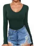 Amoretu Ladies Tops Long Sleeve Scoop Neck Low Cut Plain Basic Tops Blouses UK Elegant Dark Green Size 12 14