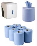 Pack of 6 Centrefeed Blue Paper Rolls & Lockable Dispenser Unit paper hand towel dispenser