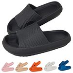 HOPEME Cloud Sliders Women Men Cushiony Slippers with Thick Outsole, Anti-Slip and Waterproof Pillow Sliders for Bathroom, Pool and Outdoor, Black 7-7.5
