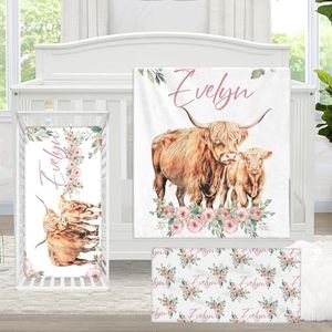 KAINSY Personalized Baby Bedding Set, 3 Pcs Custom Crib Sets with Your Name, Pink Highland Cows Nursery Bedding Set, Baby Bedding Sets for Girls, Customized Gifts for Kids