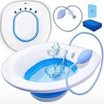 Sitz Bath for Toilet Hemorrhoids Postpartum Care, Perineal Soaking Bath Over the Toilet Seat, Collapsible Sitz Basin with Flusher for Vaginal Anal Inflammation Treatment, Yoni Steam Seat, White/Blue