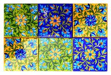 Shiv Kripa Blue Pottery Home Decor Flooring Tiles Designer Kitchen Washroom Mosaic Furniture Tile Handmade Ceramic Wall Tile Backsplash 4 x 4 Inch Pack of 6 Tiles (Multi)