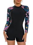 QTUN Women Boyleg One Piece Swimsuit Long Sleeve Rash Guard Swimming Costume Ladies Wetsuit Athletic Surfing Diving Swimwear