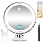 Auxmir LED Makeup Mirror, Rechargeable 20X Magnifying Mirror with Strong Locking Suction Cup, 360° Rotating 3 Light Colors Dimmable Shaving Mirror with Touch Switch, Bathroom Mirror with Tweezer