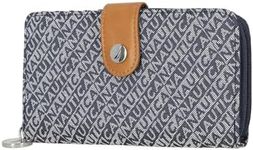 Nautica Womens, Be Shore Vegan Leather RFID Wallet, Zip Around Clutch Large Slim Phone Case and Multi Card Organizer, Indigo, Jacquard