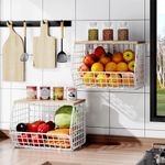 Wetheny 2pcs Wall Mounted Wire Basket Fruit Basket with Wood Top - Kitchen Pantry Organization and Storage, Stackable Tiered Hanging Baskets for Fruits, Onion, Potato, Produce, Vegetable,Storage