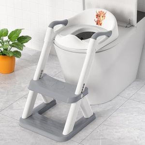 SKYROKU 8868 Potty Training Seat with Step Stool - Adjustable Height, Non-Slip, Splash-Proof, Foldable 2-in-1 Toddler Potty Seat with Armrests and Replaceable Cushion - Fits Most Toilets (Grey)