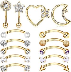 Drperfect Rook Daith Piercing Jewelry 16G Surgical Steel 8mm Curved Barbell Eyebrow Rings Helix Tragus Snug Lip Belly Button Piercing Heart Moon Daith Rook Earrings for Women Men