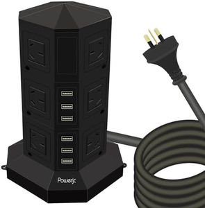 Powerjc Tower Power Strip USB Surge Protector Socket 12 AC Outlets with 6 USB 2.4A totals 6A Ports Chargers 3M Long Extension Cord SAA Certified Black (Black-03)