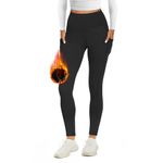 AMIYOYO Thermal Leggings Women with Pockets High Waist Fleece Lined Leggings Warm Winter Fur Yoga Pants Tummy Control Trousers Soft Stretchy Tights Workout Yoga Gym Running Black