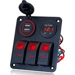 3 Gang Switch Panel, EilxMag Red Marine Rocker Switch Panel Waterproof with 12V/24V Dual USB Slot Socket Voltmeter for Car Marine Boat Truck