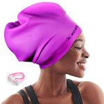 Extra Large Swim Cap for Braids and Dreadlocks Afro Hair Weaves Long Hair, Waterproof Silicone Cover Ear Bath Pool Shower Swimming Cap for Women Men Youth Adult Kids Girl , Purple, One Size