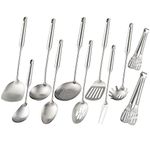 304 Stainless Steel Kitchen Utensils Set, 11 PCS All Metal Cooking Spoons - 2 Tongs, Fork, Solid Spoon, Slotted Spoon, Spatula, Soup Ladle, Skimmer, Slotted Spatula, Spaghetti Spoon, Large Spoon