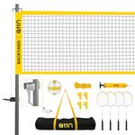 A11N Outdoor Volleyball and Badminton Combo Set - Includes Adjustable Height Anti-Sag Net, Volleyball, Air Pump, 4 Badminton Rackets, 2 Shuttlecocks, Boundary Line Marker, and Carrying Bag, Yellow