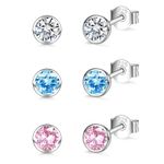 Sterling Silver Stud Earrings for Women Girls, 3 Pairs Small Clear Blue Pink CZ Stud Earrings Set | Hypoallergenic Tiny Sleeper Cartilage Tragus Earring Multiple Pirercings for Teens Kids, 4mm*3