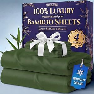 DECOLURE 100% Organic Bamboo Viscose Sheets Queen Size 4 pcs - Ultra Soft & Luxuriously Cooling, 16" Deep Pocket, Double Stitching, Perfect for Hot Sleepers - Luxury Queen Bed Sheets Set (Olive)
