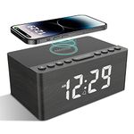 ANJANK Wooden Digital Alarm Clock FM Radio,10W Fast Wireless Charger Station for iPhone/Samsung Galaxy,5 Level Dimmer,USB Charging Port,2 Wake up Sounds,Bedrooms Sleep Timer,Wood LED Clock for Bedside