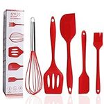 Hogarest 5 Pack Silicone Spatula Set, Heat Resistant Rubber Utensil Set for Cooking, Baking, Non-stick BPA free Spatula, Small Scraper, Large Scraper, Egg Beater, Kitchen Brush, Dishwasher Safe, Red