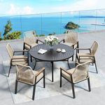 SUNSHINE VALLEY 7 Pieces Patio Dining Set, 6 Woven Rattan Chairs with Cushions, 54” Metal Round Dining Table with Umbrella Hole, Outdoor Table and Chairs Set for Backyard Lawn Garden and Deck