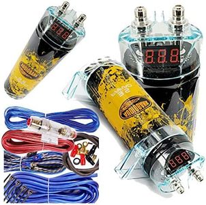 Audiobank 3.5 Farad Capacitor Car Audio 3500 Watts Power 12V Car Digital Power 3 Digit Display and Complete 1500 Watts 8 Gauge Car Amplifier Installation Wiring Kit Blue
