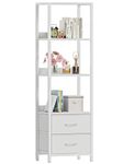 Furnulem 4-Tier Corner Shelf, Narrow Bookshelf with 2 Storage Drawers, 57.28”Tall Bookcase, Standing Shelf Organizer Unit for Living Room, Bedroom, Metal Frame, Wood Display Shelf(White)