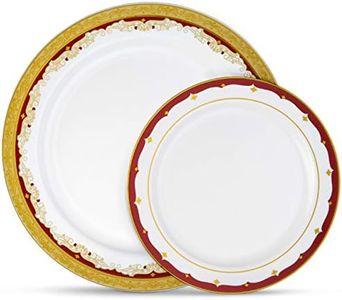 Laura Stein Designer Dinnerware Set | 32 Disposable Plastic Party Plates | White Wedding Plate with Burgundy Rim & Gold Accents | Includes 16 x 10.75” Dinner Plates + 16 x 7.5” Salad Plates | Vintage