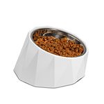 ComSaf 15°Slanted Stainless Steel Dog Bowl, 470ml Tilted Angle Raised Food Water bowl for Dog and Cat, Food Grade,Non-Skid & Non-Spill Feeding Bowl with Detachable Melamine Stand, White