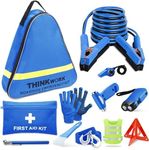 THINKWORK Car Emergency Kit for Teen Boy and Men's Gifts, Blue Emergency Roadside Assistance kit with 10FT Jumper, First Aid Kit, Safety Hammer, Tow Rope, and More Ideal Blue Car Accessories Tool