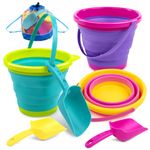 JOYIN 3 Kids Beach Toys Collapsible Bucket and Spade Sets for Toddlers with 3 Shovels, Sand Bucket Party in Summer Foldable Bucket Silicone for Toddles Age 3 4 5 Round(Pink/Purple/Green)