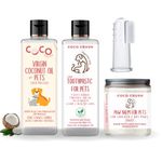 Pet Essentials Combo - 100% Natural Liquid Toothpaste, Toothbrush, Virgin Coconut Oil, & Paw Balm | Organic Ingredients, Ingestion safe | For Dogs, Cats, Puppies, Kittens (50g toothpaste, brush, 25g balm, & 50g coconut oil; 125g)