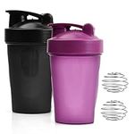 suchkawe 2 Pcs Protein Shaker Bottle 400ml Sports Bottle Protein Blender bottle with Wire Mixing Ball Sports Leakproof Water Bottle for Protein Shakes and Pre Workout (Black+Purple)