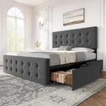 IDEALHOUSE Queen Size Bed Frame with 4 Storage Drawers and Headboard, Linen Upholstered Platform Bed Frame with Wooden Slats Support, Button Tufted Design, No Box Spring Needed, Dark Grey