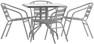 Flash Furniture TLH-0732SQ-017CSV4-GG Lila 31.5'' Square Glass Table with 4 Metal Aluminum Slat Stack Chairs, Silver