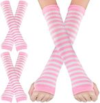 2 Pairs Punk Gothic Rock Long Arm Warmers Knit Fingerless Gloves Thumb Hole Stretchy Goth Accessories Women Stripe Emo Gloves (Pink White)