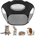 SlowTon Small Animal Playpen, Foldable Pet Cage with Top Cover Anti Escape, Breathable Transparent Indoor/Outdoor Use Pop Up Yard Fence for Kitten, Puppy, Guinea Pig, Rabbits, Hamster (Black)