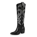 wetkiss Knee High Cowboy Cowgirl Boots for Women, with Unique Embroidery, Side Zip and Chunky Heel Design, A Black, 6 UK