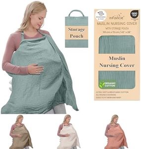Infancie Organic Cotton Nursing Cover & Shawl - 43 x 28 Inch Breathable Muslin Breastfeeding Nursing Apron Cover with Arch Neckline for Mothers, Multi-use Carseat Canopy (Green)