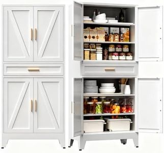 COFaR 71" Tall Kitchen Pantry, Farmhouse Storage Cabinet with Doors and Shelves, Metal Cabinet with Drawers and Legs, for Cupboard/Dining Room/Bathroom/Living Room/Office/Laundry Room (White).