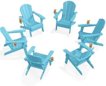 PLUUV Folding Adirondack Chair Set of 6, Hdpe All-Weather Patio Chairs with Cup Holder, Wooden Textured Fire Pit Chairs, Outdoor Chair for Poolside, Backyard, Deck（Aruba）